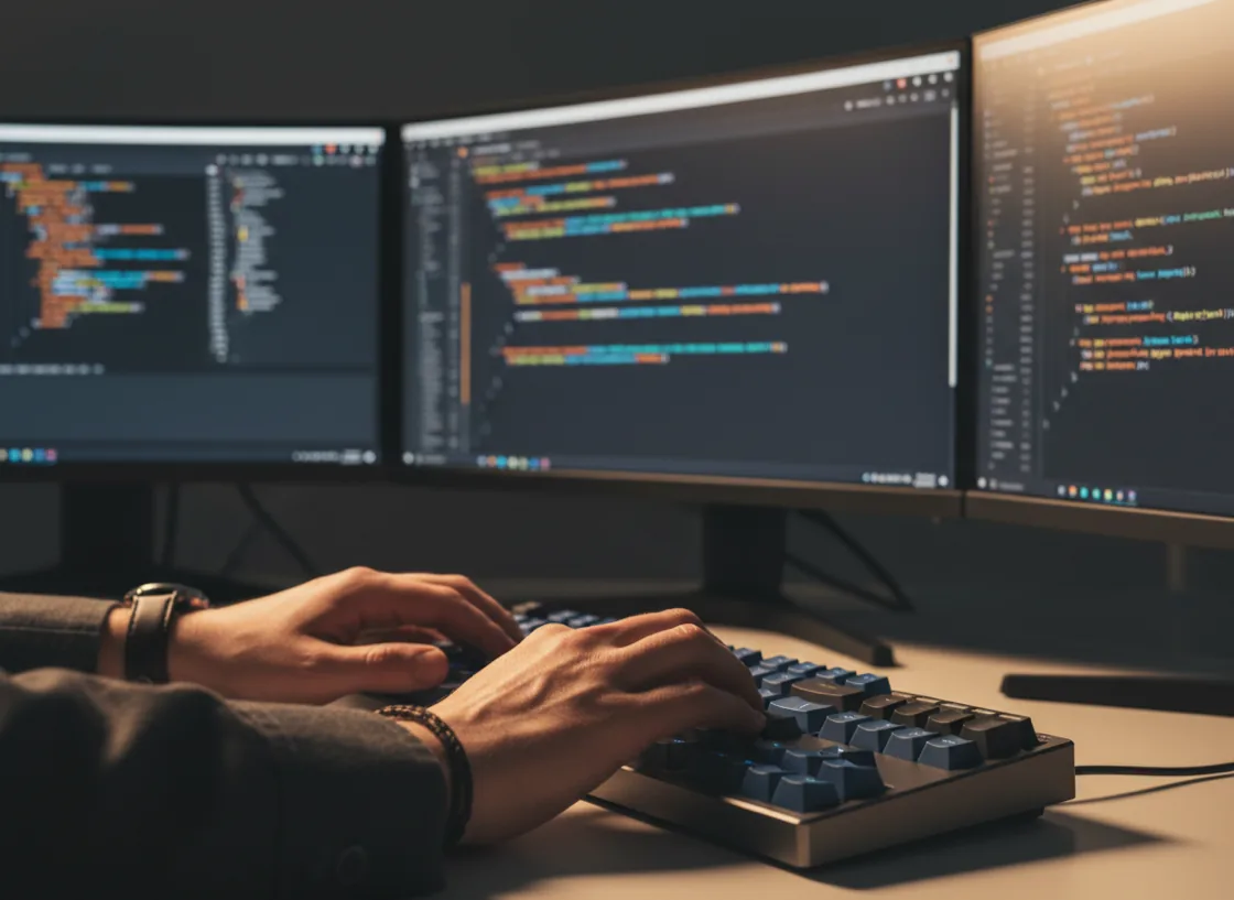複数のディスプレイにコードとダッシュボードが並ぶ開発環境