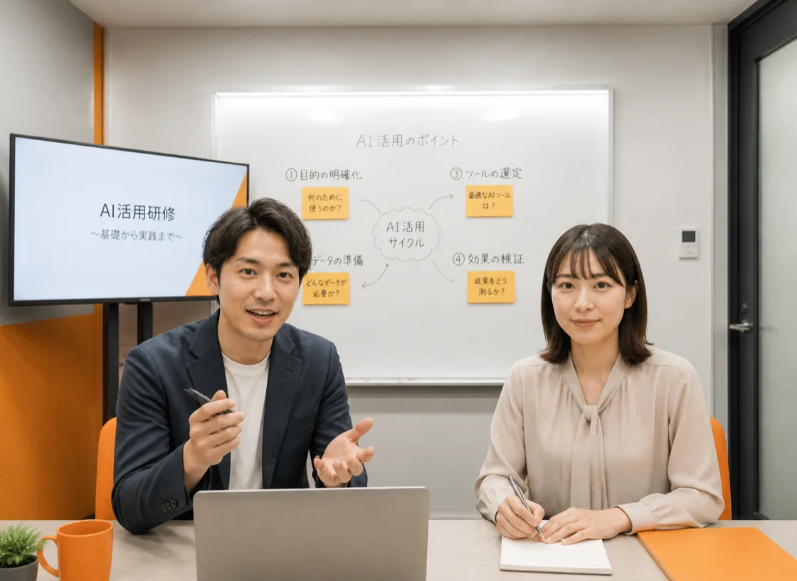 ホワイトボードの前で研修を受ける社員たち